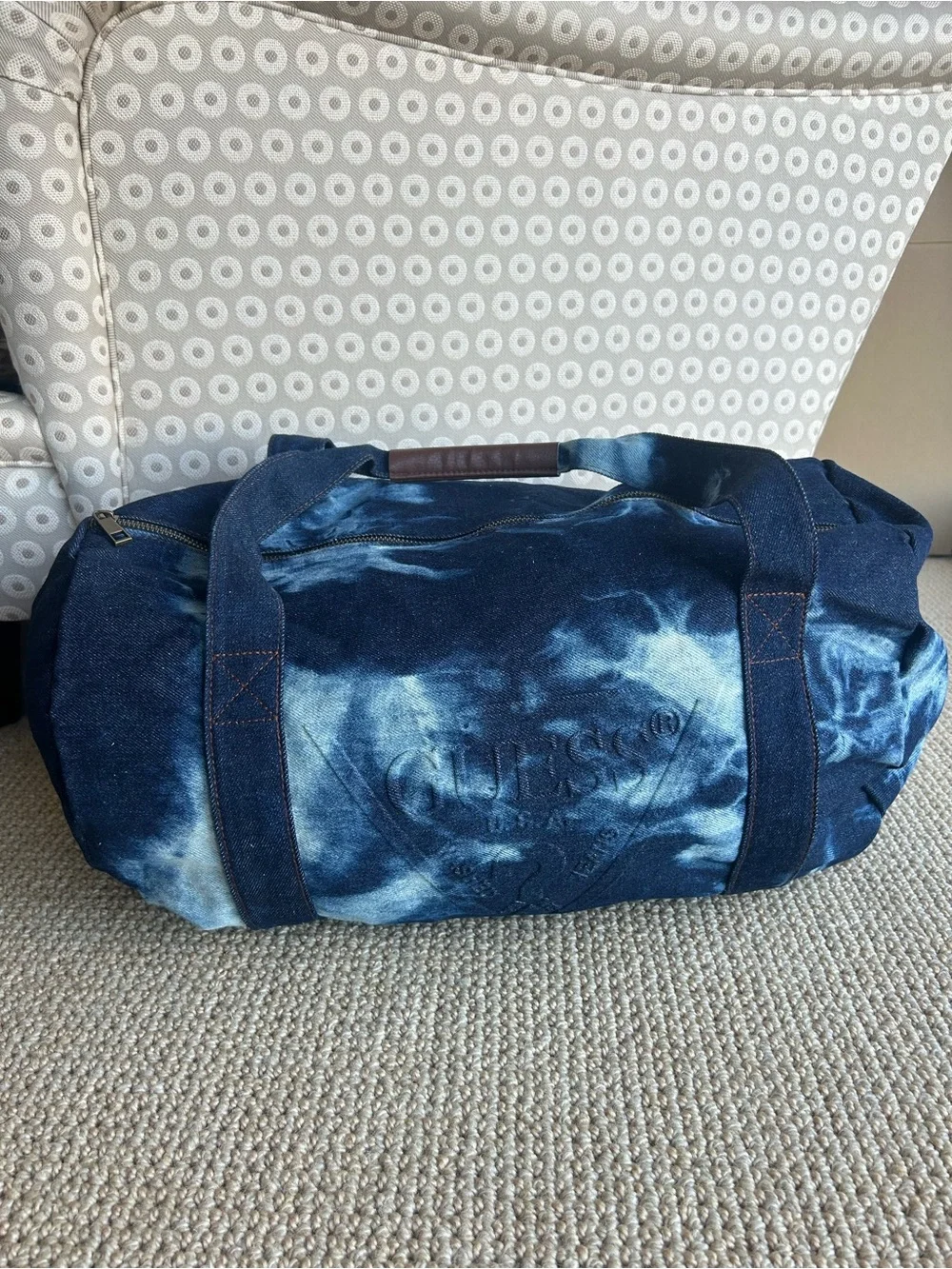 Guess Blue Tie-Dye Denim Duffel Bag Like New Condition